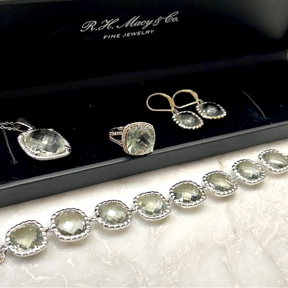 Mint Green Quartz Set: Necklace Bracelet Earrings Ring 925 Sterling Silver NEW - Picture 1 of 16